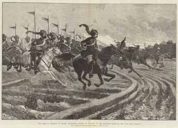 El campamento de ejercicios en Delhi, carga exitosa de la caballería de la fuerza del norte sobre los cañones cerca de Paniput